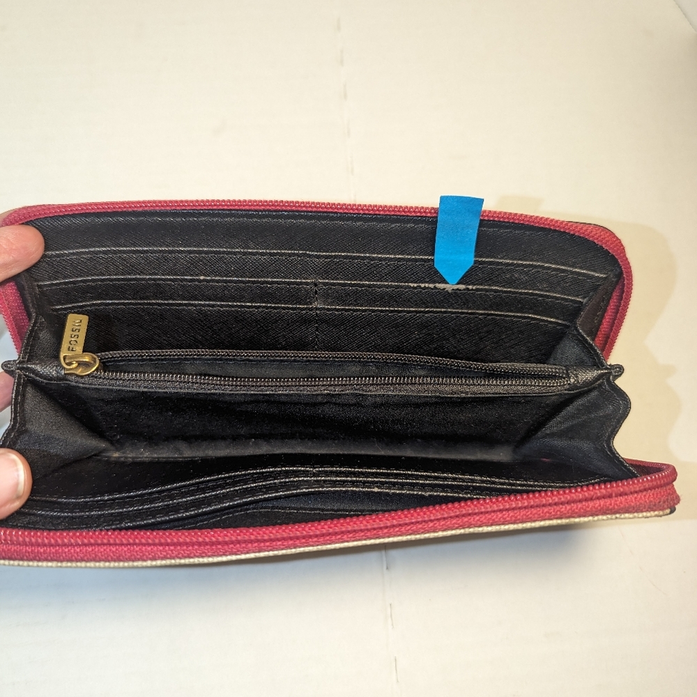 Fossil clutch Zip Around coin purse pink black  off white stripes polka dots - Picture 13 of 14